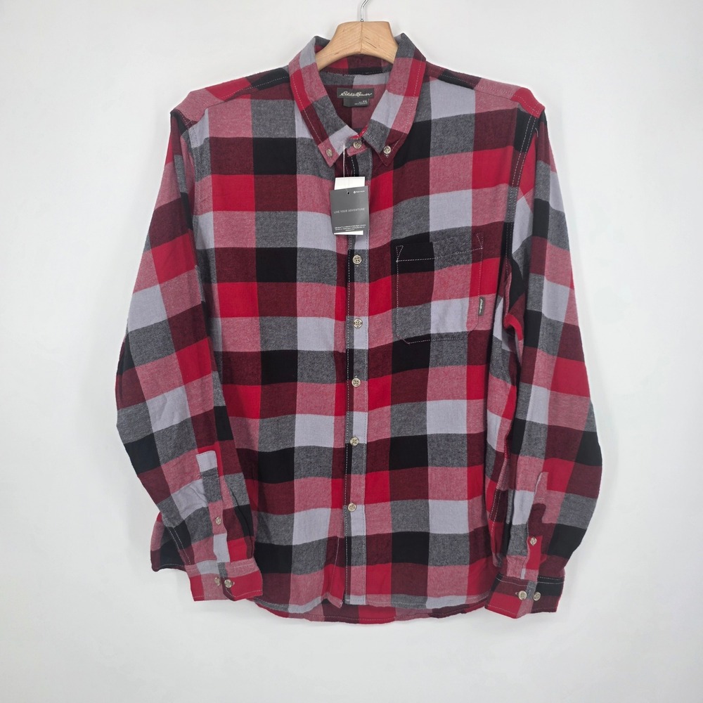 Eddie Bauer Mens XXL Flannel Shirt Red Black Grey Plaid EM32LW202P NWT